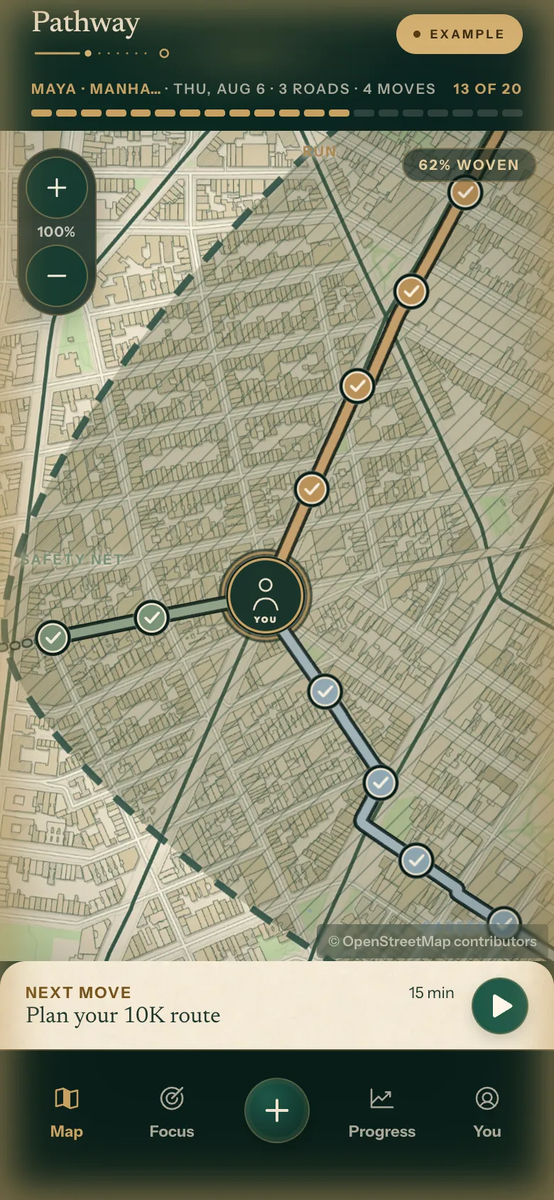 Pathway's living map: three goal roads on Manhattan streets, 13 of 20 milestones, 62% woven